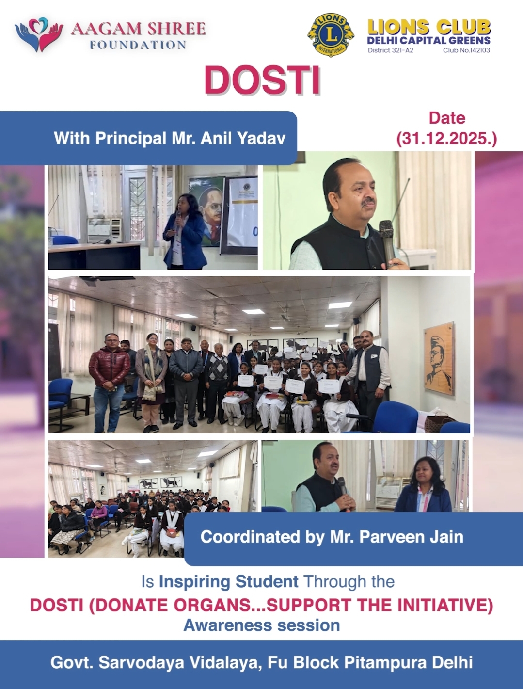 DOSTI – Organ Donation Awareness Session at Govt. Sarvodaya Vidyalaya, Pitampura
