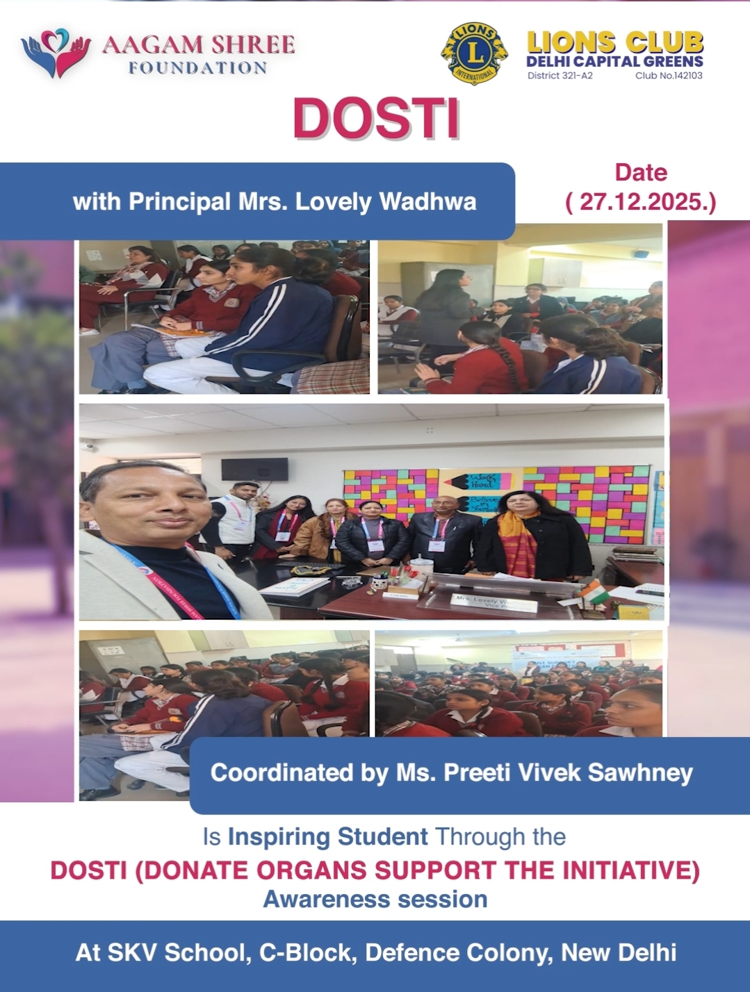 DOSTI – Organ Donation Awareness Session at SKV School, New Delhi